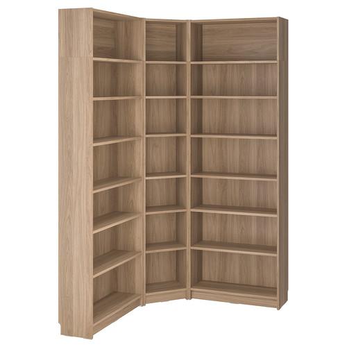 BILLY Bookcase corner comb w ext units, oak effect, 136/136x28x237 cm