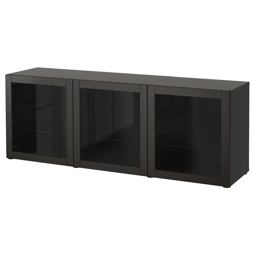 BESTÅ Storage combination with doors, black-brown, Sindvik black-brown clear glass, 180x42x65 cm