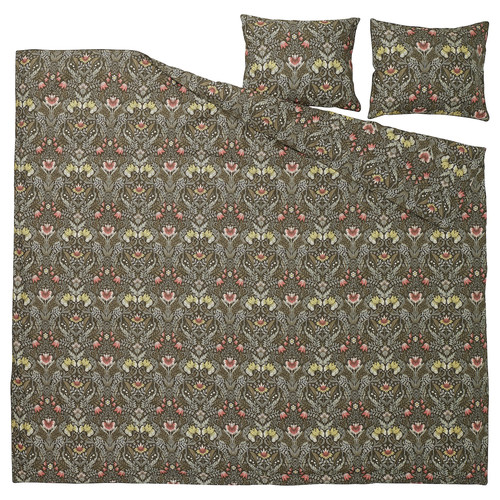 KÄRRDUNÖRT Duvet cover and 2 pillowcases, dark green/multicolour, 200x200/50x60 cm