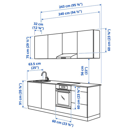 ENHET Kitchen, pale grey-green, 243x63.5x222 cm