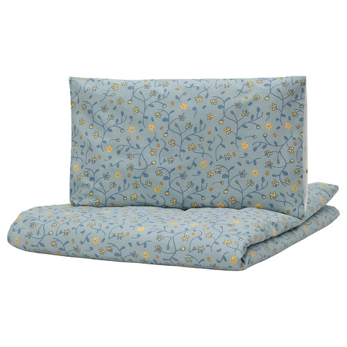 GULDVÄVARE Duvet cover 1 pillowcase for cot, blue/white floral pattern, 110x125/35x55 cm