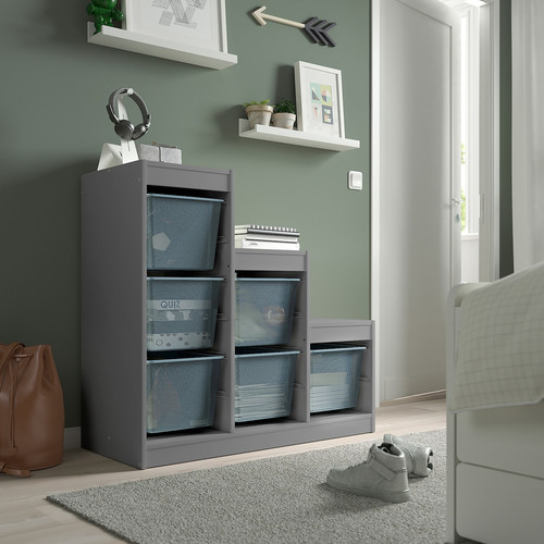 TROFAST Storage combination with boxes, grey/grey-blue, 99x44x94 cm