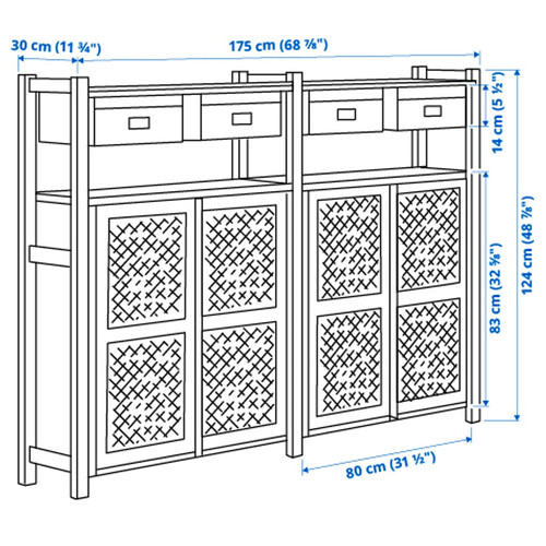 IVAR 2 sections/shelves/cabinets, pine/black mesh, 175x30x124 cm