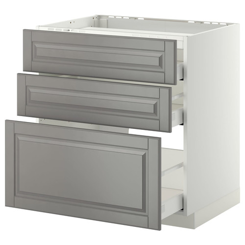 METOD / MAXIMERA Base cab f hob/3 fronts/3 drawers, white, Bodbyn grey, 80x60 cm