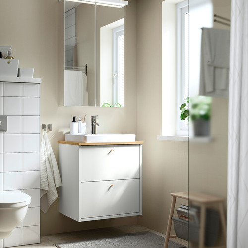 HAVBÄCK / ORRSJÖN Wash-stnd w drawers/wash-basin/tap, white/bamboo, 62x49x71 cm