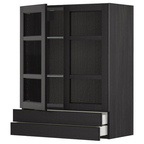 METOD / MAXIMERA Wall cab w 2 glass doors/2 drawers, black/Lerhyttan black stained, 80x100 cm