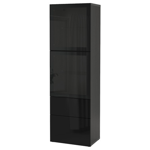 BESTÅ Storage combination w glass doors, black-brown, Selsviken high-gloss/black smoked glass, 60x42x192 cm