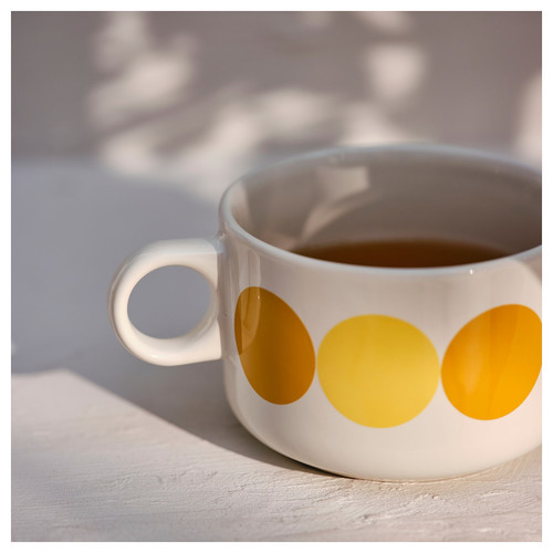 BRÖGGAN Mug, dot pattern white/yellow, 28 cl