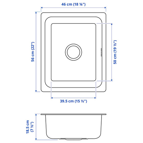 HILLESJÖN Inset sink, 1 bowl, stainless steel, 56x46 cm