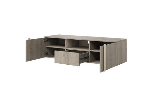 Wall-Mounted TV Cabinet Verica 150 cm, biscuit oak/gold handles