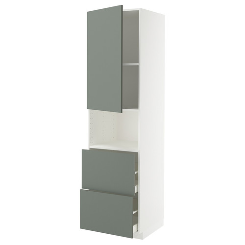 METOD / MAXIMERA Hi cab f micro w door/2 drawers, white/Nickebo matt grey-green, 60x60x220 cm