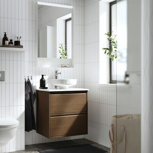 ÄNGSJÖN / LERSJÖN Wash-stnd w drawers/wash-basin/tap, brown oak effect/white marble effect, 62x49x79 cm