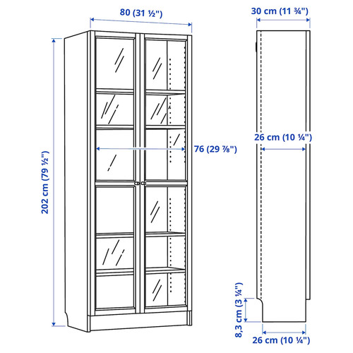 BILLY / OXBERG Bookcase w glass doors, brown walnut effect, 80x30x202 cm