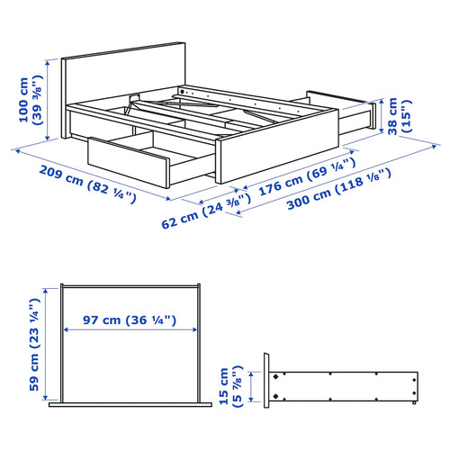 MALM Bed frame, high, w 4 storage boxes, black-brown, Luröy, 160x200 cm