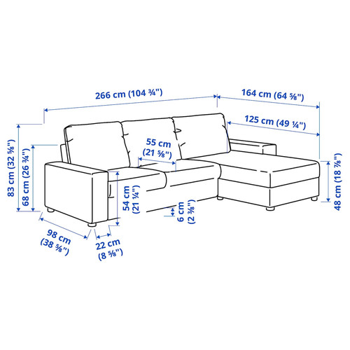 VIMLE 3-seat sofa with chaise longue, with wide armrests/Hallarp beige