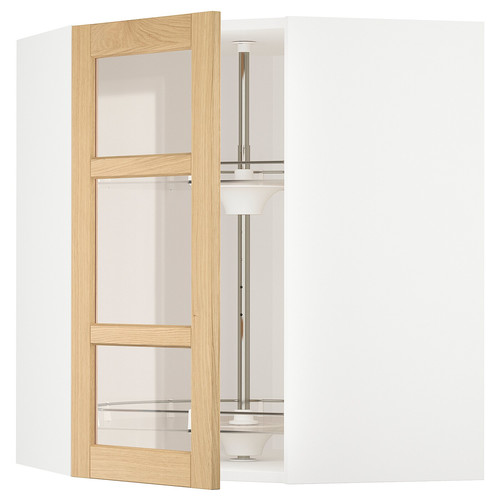 METOD Corner wall cab w carousel/glass dr, white/Forsbacka oak, 68x80 cm