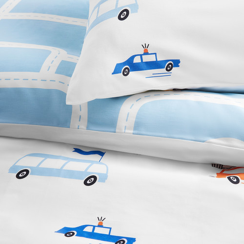 BERGFINK 3-piece bedlinen set with bag, multicolour vehicles/roads pattern, 150x200/50x60 cm