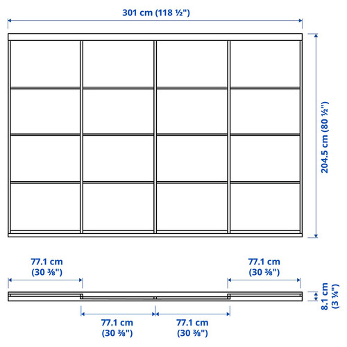 SKYTTA / HOKKSUND/AULI Sliding door combination, aluminium/high-gloss light grey mirror glass, 301x205 cm