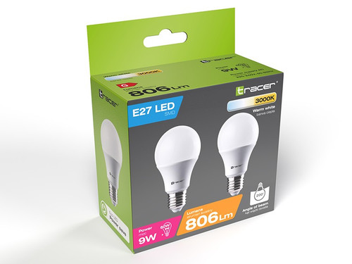 Tracer E27 LED Bulb 9W=60W, warm light 3000K, 2 pcs