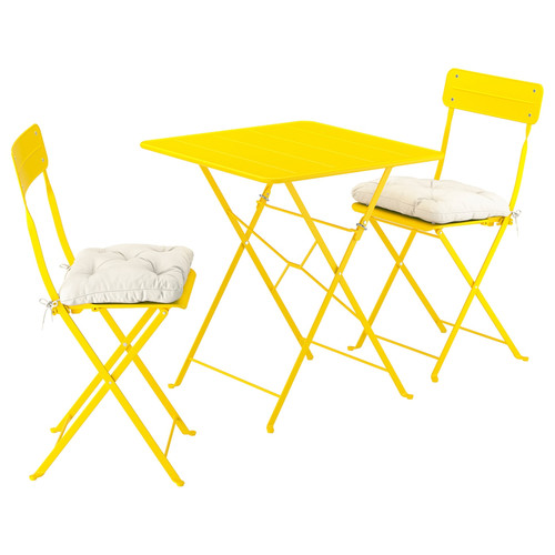 SUNDSÖ Table and 2 folding chairs, outdoor bright yellow/bright yellow Kuddarna light grey-beige, 65x65 cm