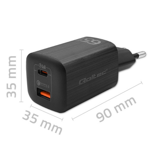 Qoltec Wall Charger EU Plug GaN ULTRA 65W 5V 20V, 2.25A 3.25A