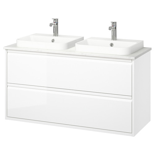 ÄNGSJÖN / BACKSJÖN Wash-stnd w drawers/wash-basin/taps, high-gloss white/white marble effect, 122x49x71 cm