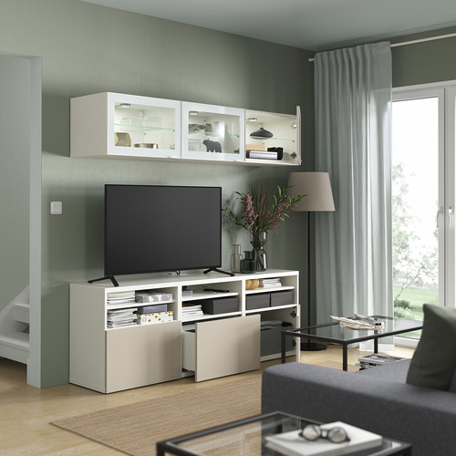 BESTÅ TV storage combination/glass doors, white/Selsviken high gloss/beige clear glass, 180x42x192 cm