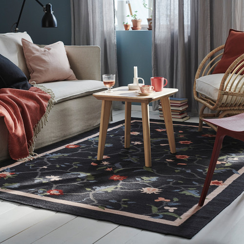 KLOCKBUSKE Rug, flatwoven, dark grey/flower, 160x230 cm