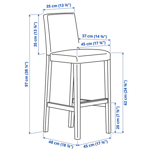 BERGMUND Bar stool with backrest, oak/Gunnared medium grey, 62 cm