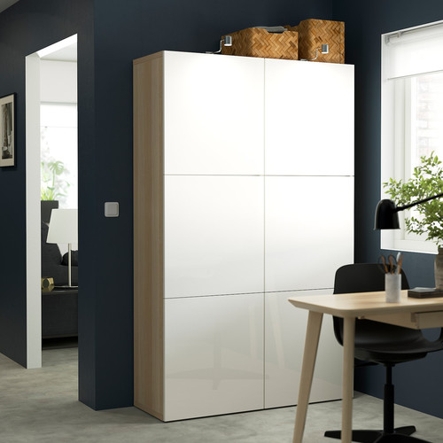 BESTÅ Storage combination with doors, white stained oak effect, Selsviken high-gloss white, 120x40x192 cm