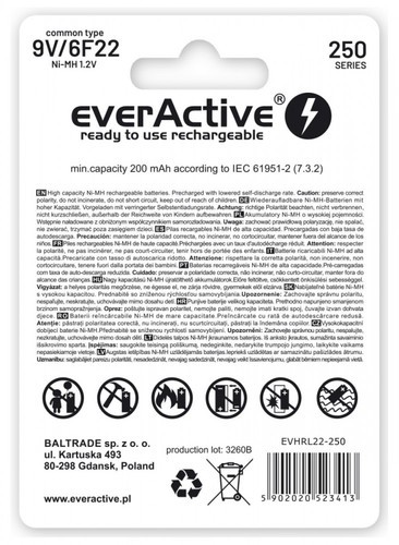 EverActive Rechargeable Battery Ni-MH 9V 6F22 250mAh Silver Line