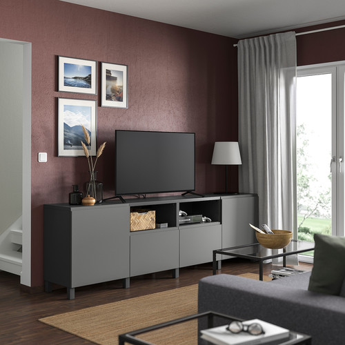 BESTÅ TV bench with doors and drawers, dark grey/Västerviken/Stubbarp dark grey, 240x42x74 cm