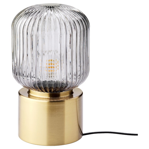 SOLKLINT Table lamp, brass, grey clear glass, 28 cm