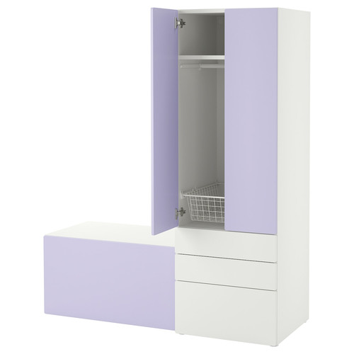 SMÅSTAD / PLATSA Storage combination, white lilac/with bench, 150x57x181 cm