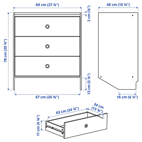 RACKNÄS Chest of 3 drawers, white/wall mounted, 69x78 cm