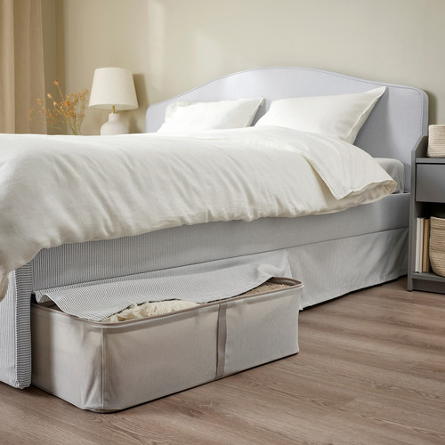 RAMNEFJÄLL Upholstered bed frame, Klovsta grey/white/Luröy, 140x200 cm