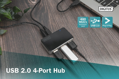 Digitus USB 2.0, 4-Port Hub, 4x USB A/F, 1x USB Bmini/F incl. USB A/M to mini5P cable, black