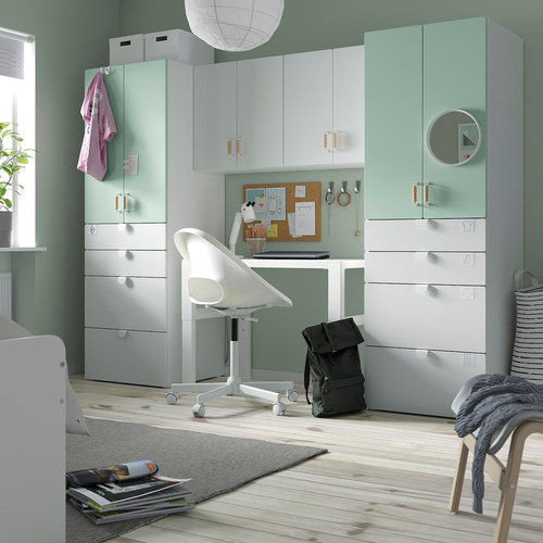 SMÅSTAD / PLATSA Storage combination, white/light green, 240x57x181 cm