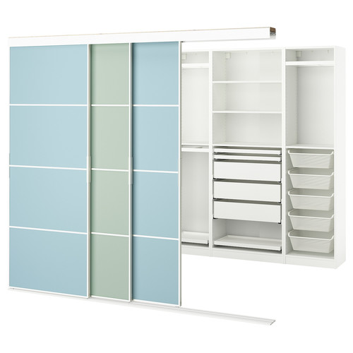 SKYTTA / PAX Walk-in wardrobe with sliding doors, white double sided/Mehamn light blue/light green, 251x115x205 cm