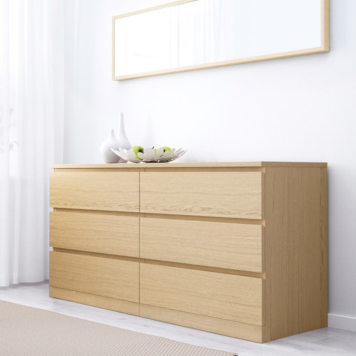 MALM Chest of 6 drawers, white stained oak veneer, 160x78 cm