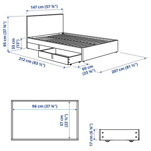 GLADSTAD Upholstered bed, 2 storage boxes, Kabusa light grey, 140x200 cm