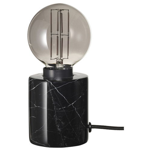 MARKFROST / MOLNART Table lamp with light bulb, marble black/globe grey clear glass, 95 mm