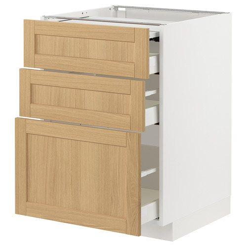 METOD / MAXIMERA Bc w pull-out work surface/3drw, white/Forsbacka oak, 60x60 cm