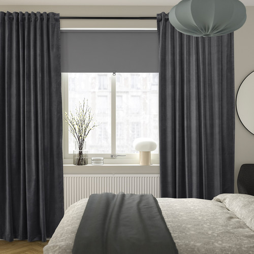 SANELA Curtains, 1 pair, with heading tape/dark grey, 140x300 cm