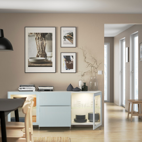 BESTÅ Storage combination with drawers, white Selsviken/Ösarp/light grey-blue clear glass, 180x42x74 cm