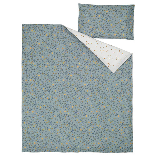 GULDVÄVARE Duvet cover 1 pillowcase for cot, blue/white floral pattern, 110x125/35x55 cm