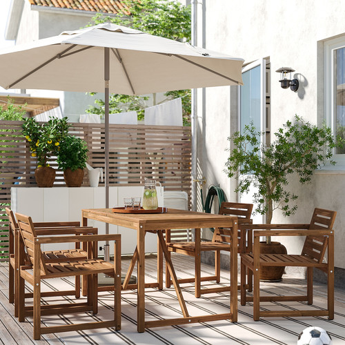 NÄMMARÖ Table+4 chairs w armrests, outdoor, light brown stained, 140 cm