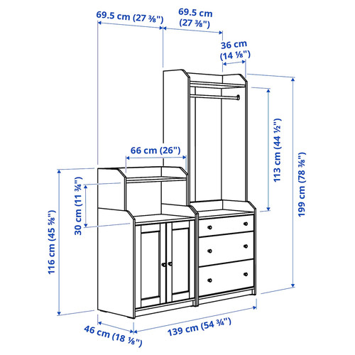 HAUGA Storage combination, grey, 139x46x199 cm