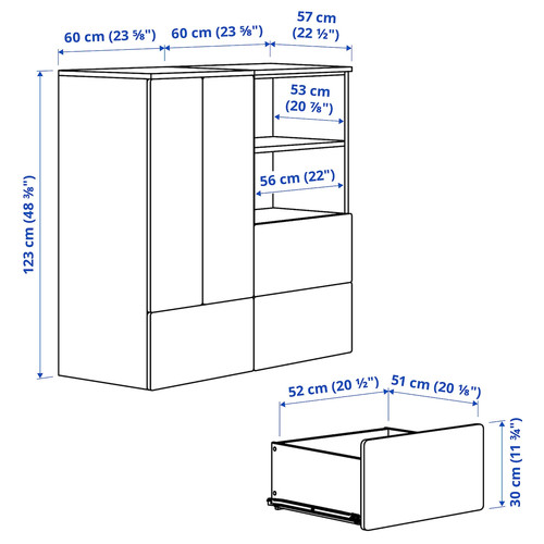 SMÅSTAD / PLATSA Storage combination, white black/white/stripe with 3 drawers, 120x57x123 cm