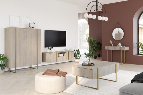 Wall-Mounted TV Cabinet Verica 150 cm, biscuit oak/gold handles